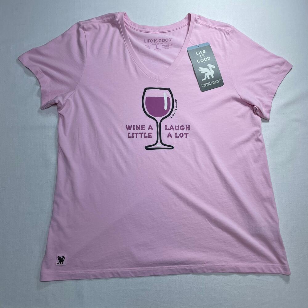Life Is Good Women’s L Crusher Lite V Neck Wine A Little Laugh A Lot Pink NWT